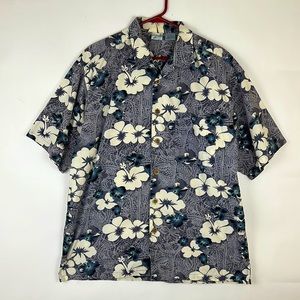 OP Men’s Hawaiian shortsleeved button down collar shirt blue and white L